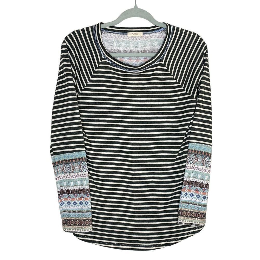 Oddy Striped Long Raglan Sleeve Sweater Top Pullover Geometric Green White